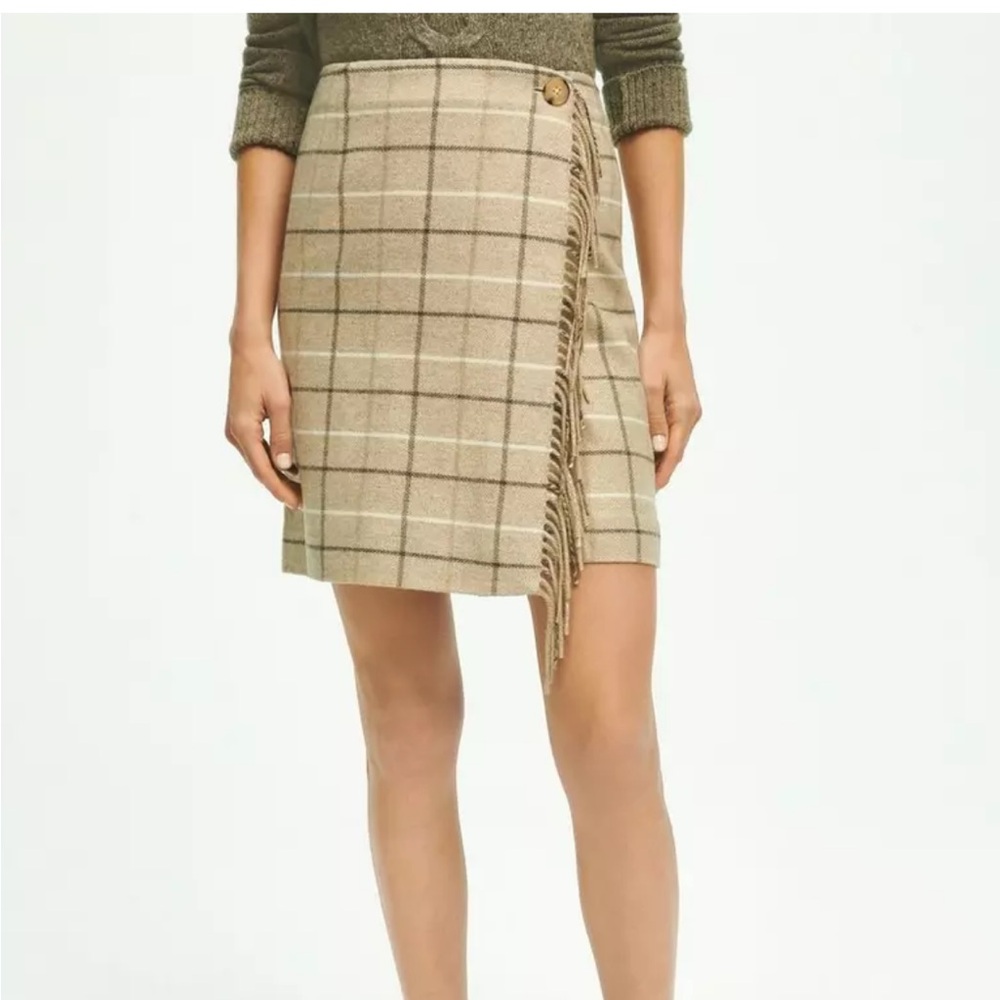 Brooks Brothers Wool Blend Windowpane Fringed Wrap Skirt